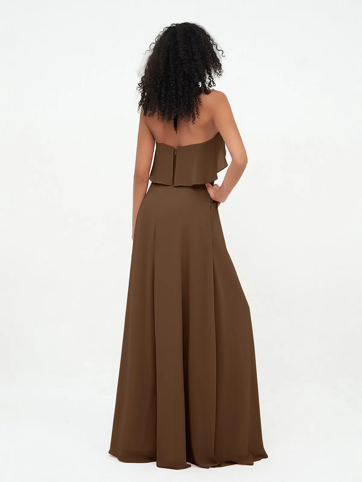 Halter Strap Chiffon Long Bridesmaid Dresses Brown