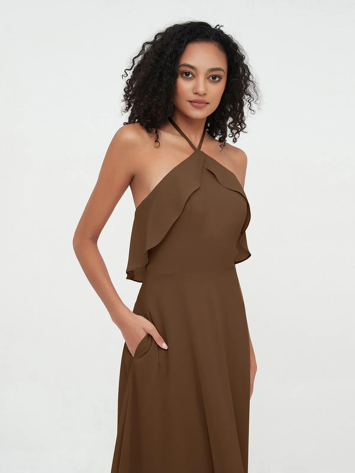 Halter Strap Chiffon Long Bridesmaid Dresses Brown