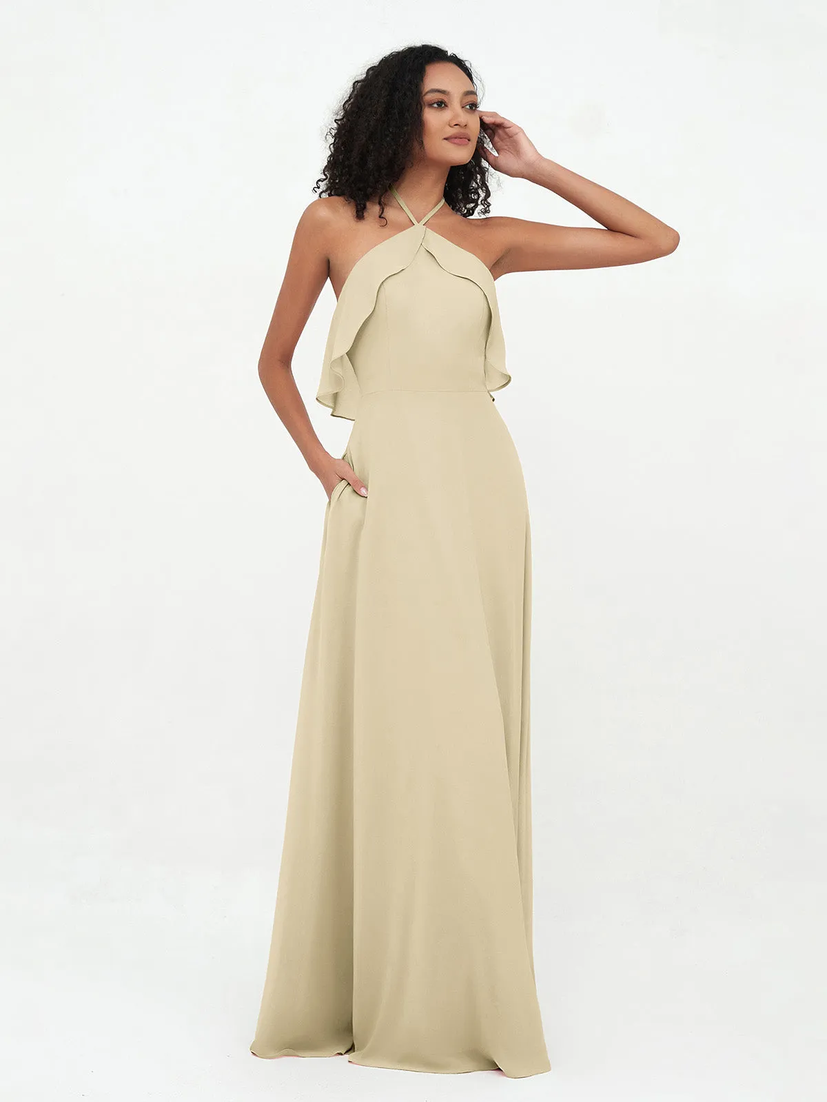 Halter Strap Chiffon Long Bridesmaid Dresses Champagne Plus Size