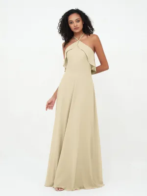 Halter Strap Chiffon Long Bridesmaid Dresses Champagne Plus Size