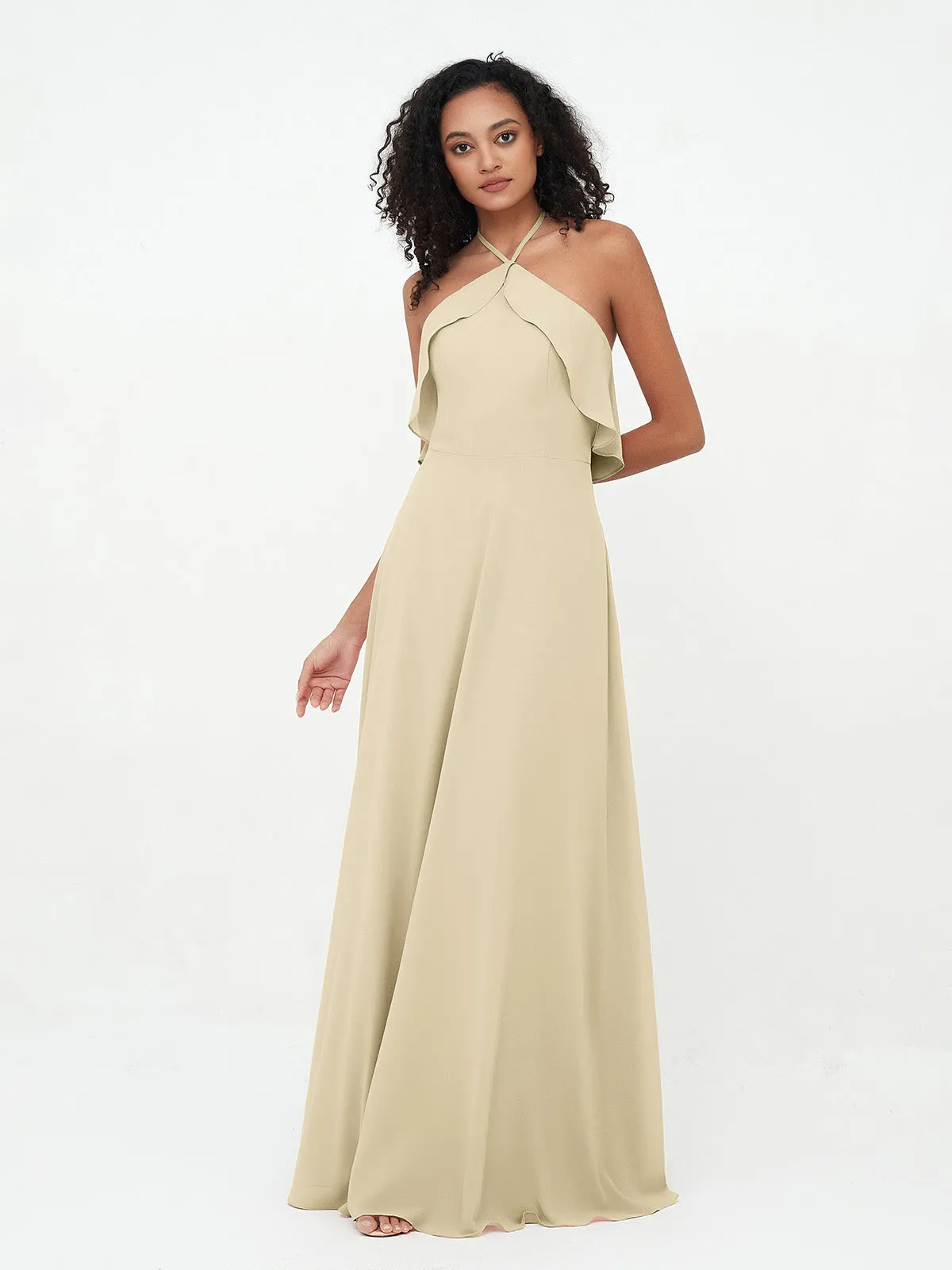 Halter Strap Chiffon Long Bridesmaid Dresses Champagne Plus Size