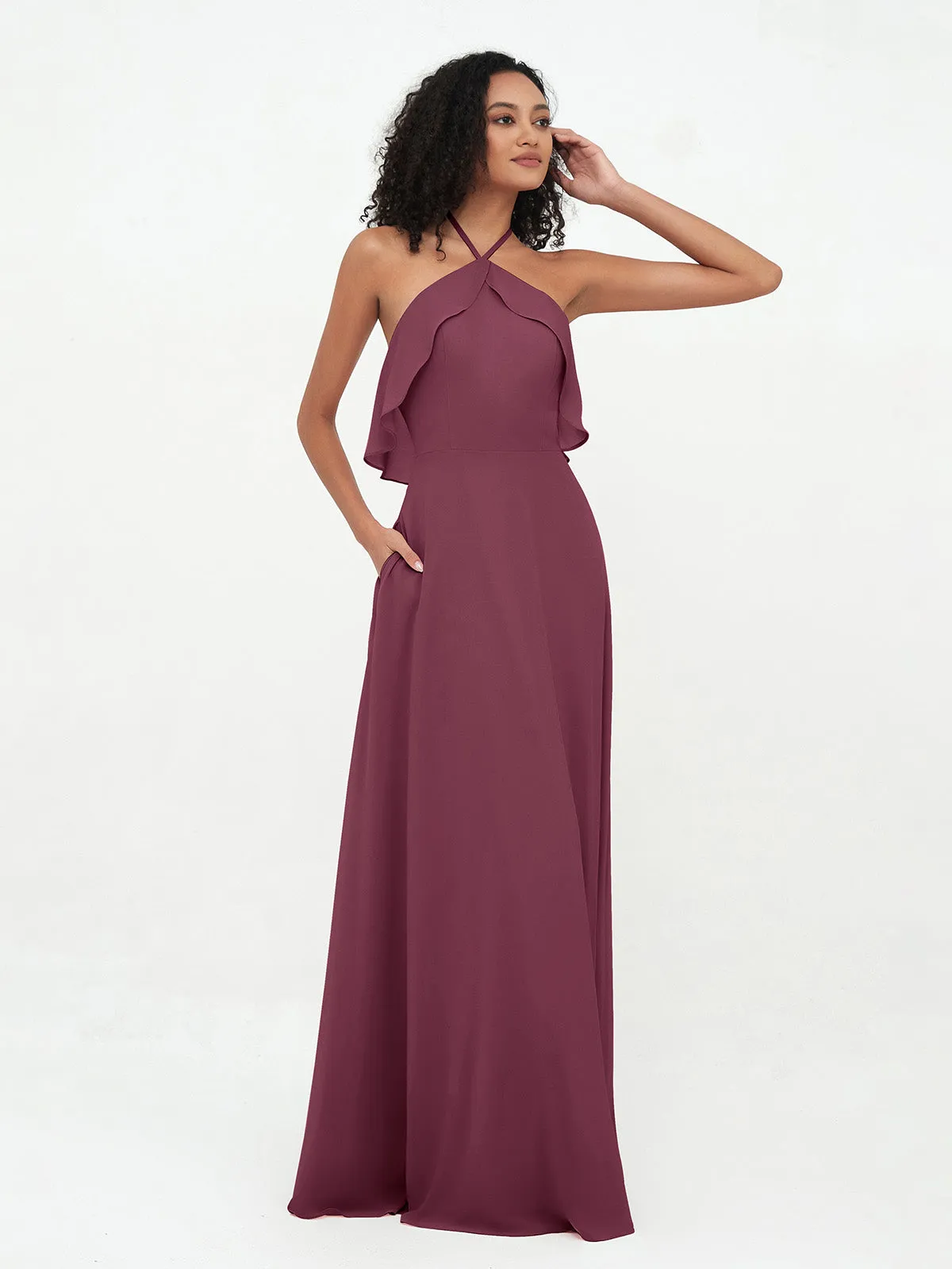 Halter Strap Chiffon Long Bridesmaid Dresses Mulberry Plus Size