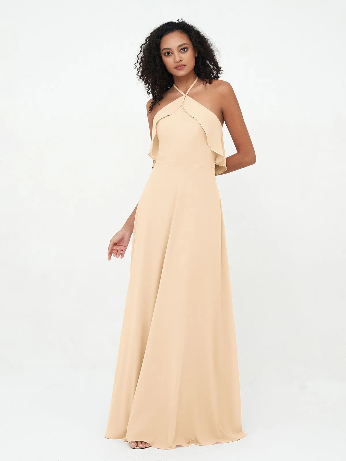 Halter Strap Chiffon Long Bridesmaid Dresses Peach Plus Size