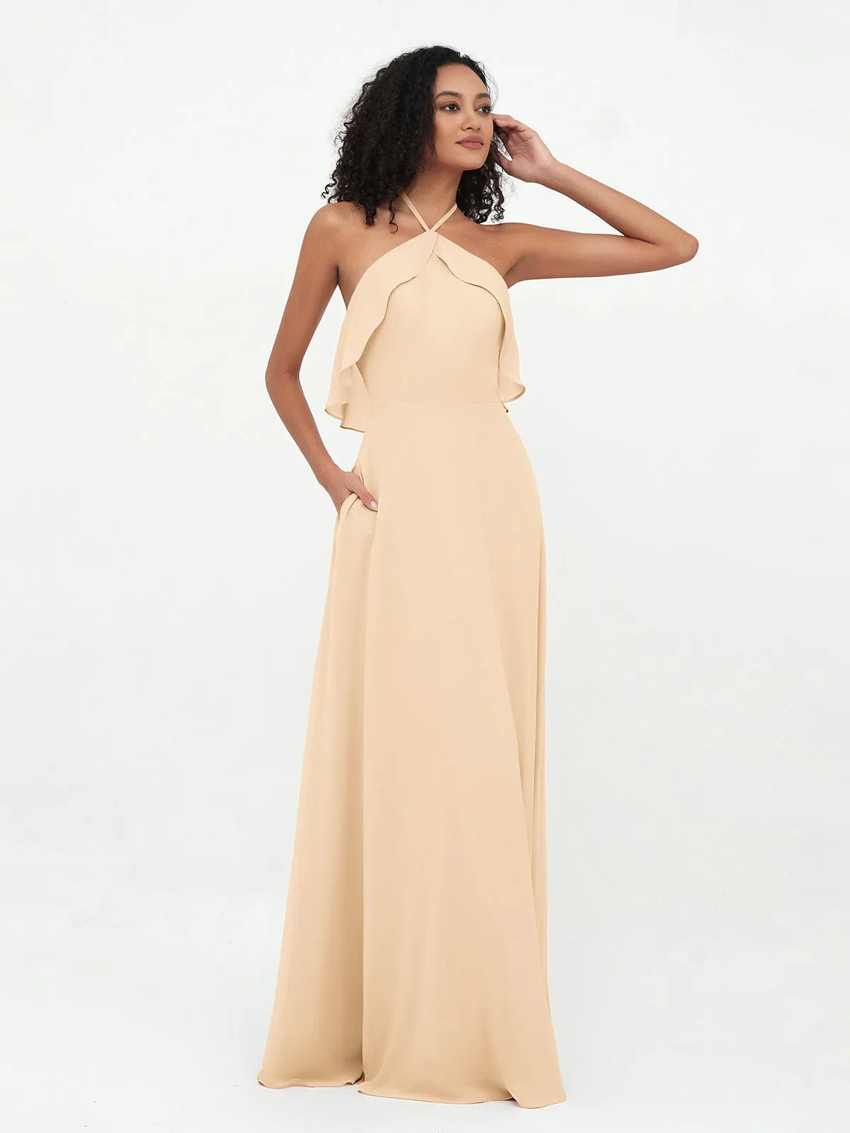 Halter Strap Chiffon Long Bridesmaid Dresses Peach Plus Size