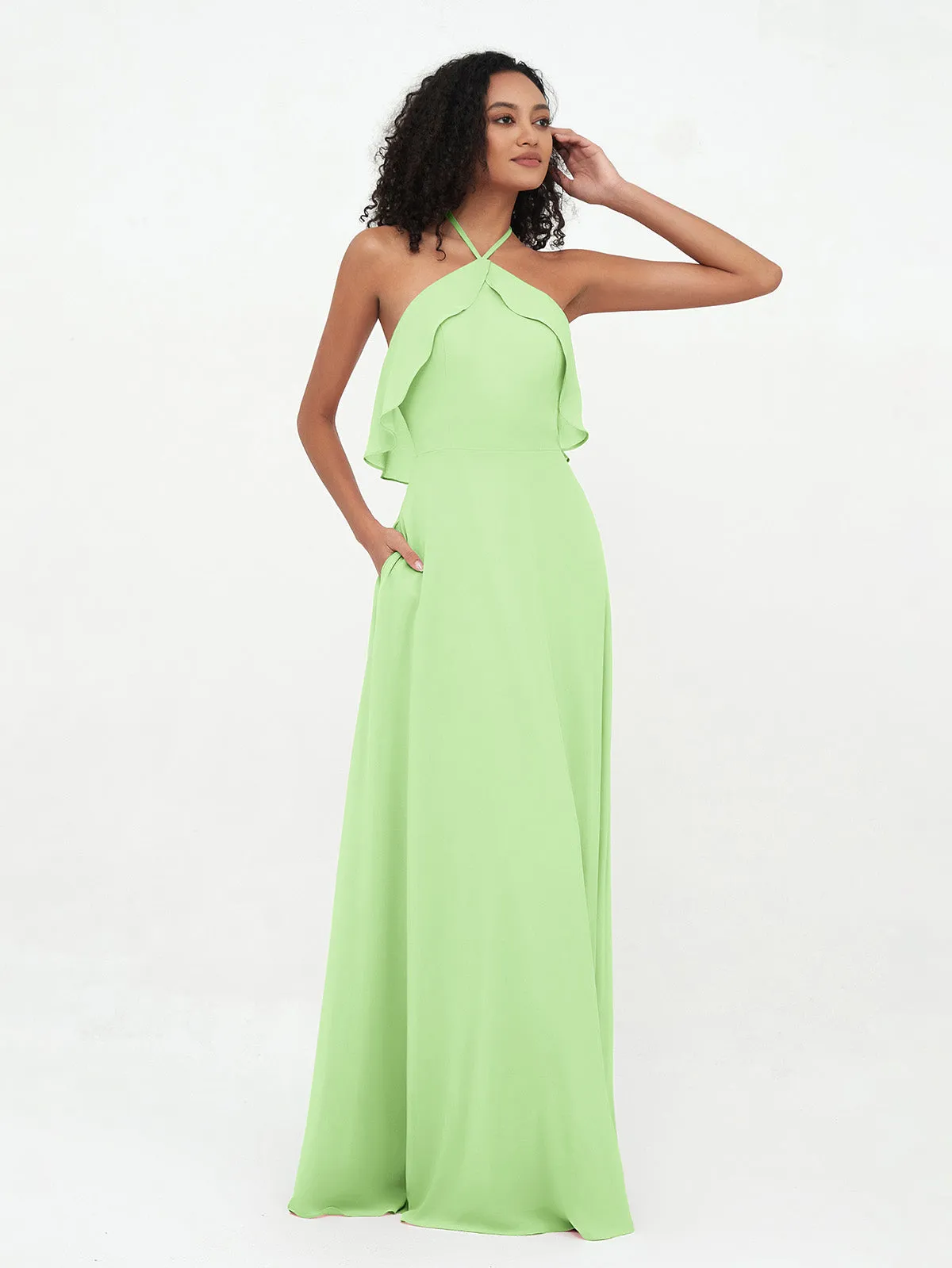 Halter Strap Chiffon Long Bridesmaid Dresses Sage