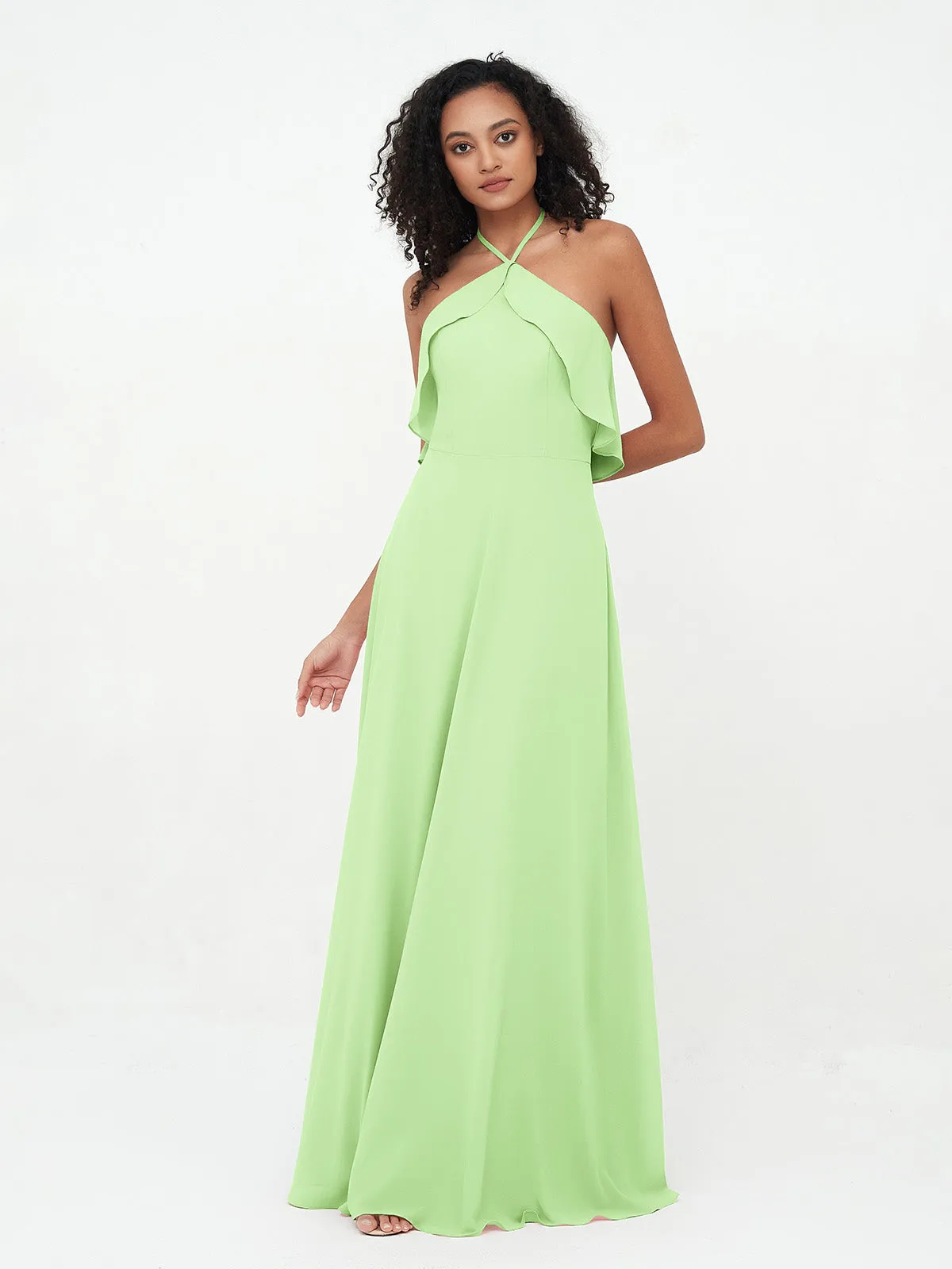 Halter Strap Chiffon Long Bridesmaid Dresses Sage