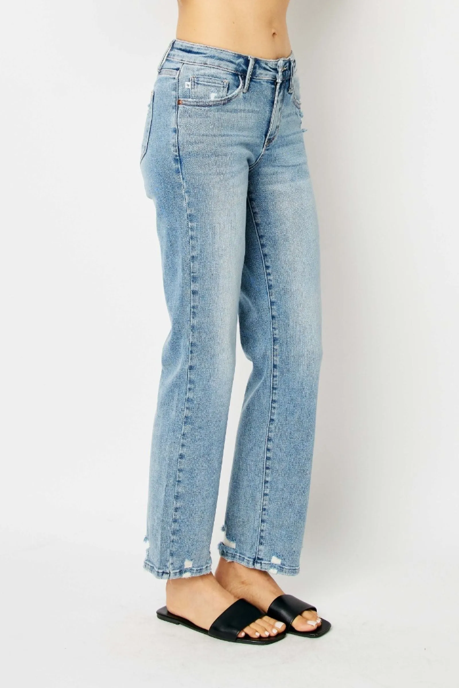 Judy Blue Mid Rise Medium Wash Destroy Straight Leg Jeans