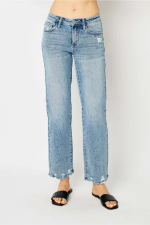 Judy Blue Mid Rise Medium Wash Destroy Straight Leg Jeans