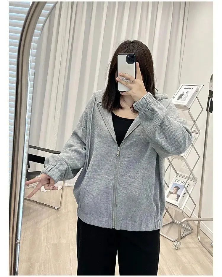 Korean Style Loose Casual Waffle Sweatshirt Jackets