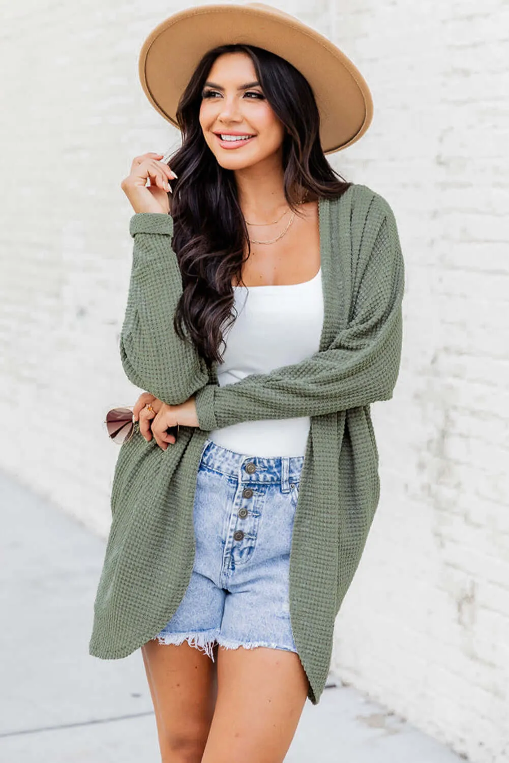 Laurel Green Waffle Knit Open Front Cardigan