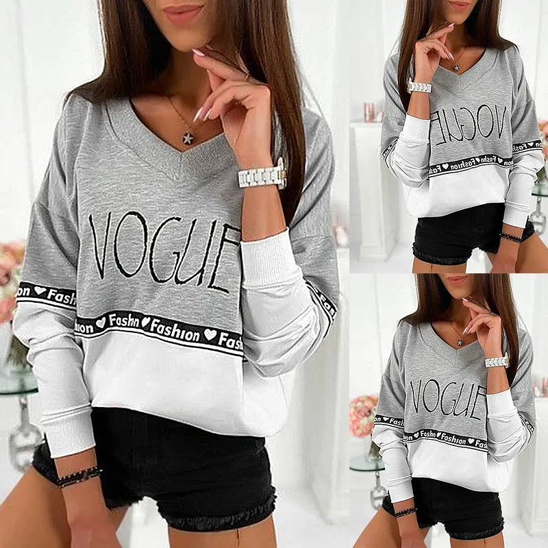 Letter Print V-Neck Long-Sleeved Stitching Loose Sweater