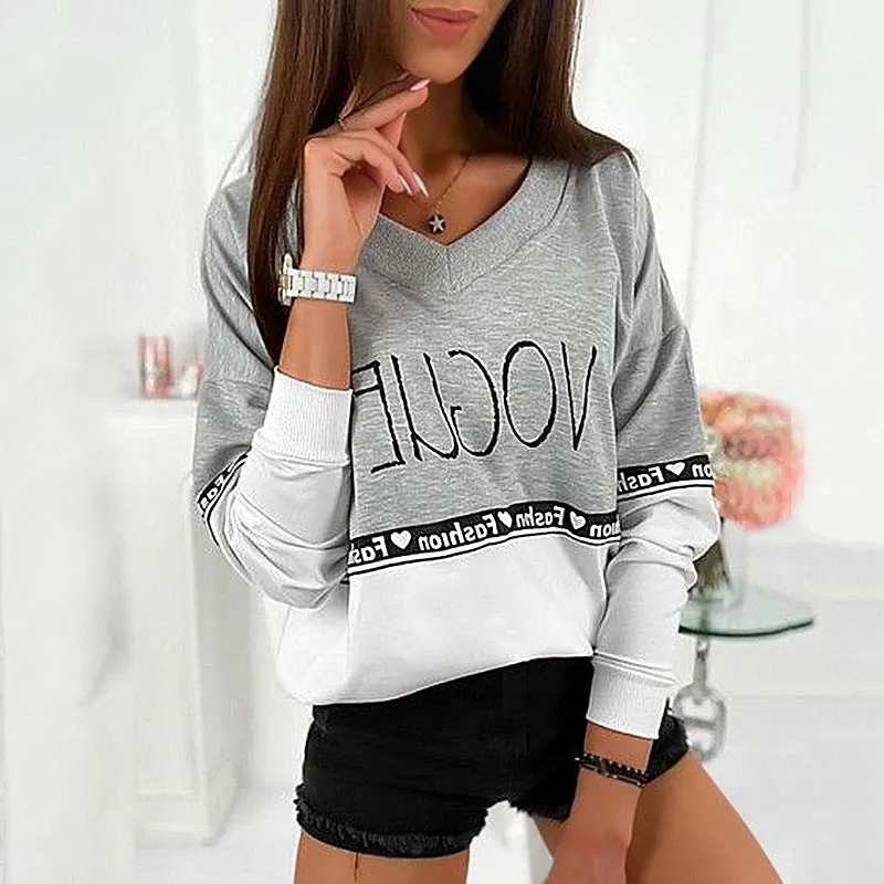 Letter Print V-Neck Long-Sleeved Stitching Loose Sweater