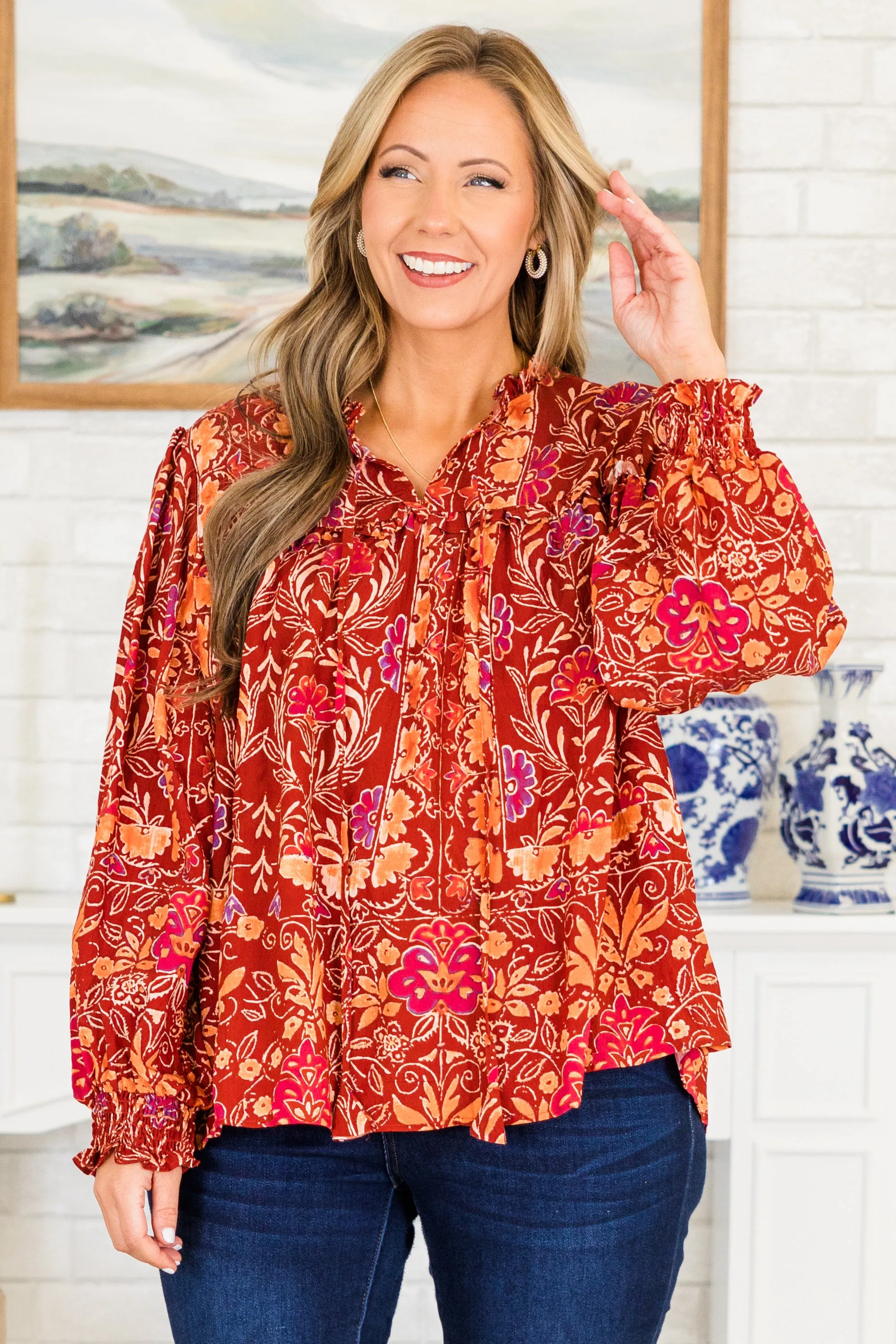 Life On The Ranch Top, Red Multi