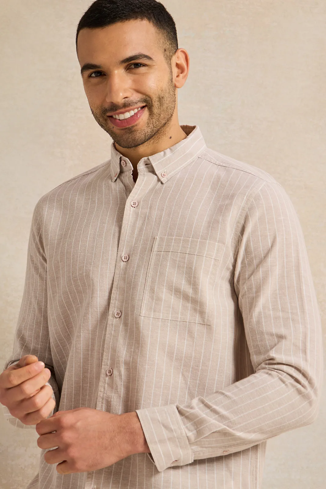 Men Beige Striped Casual Shirt