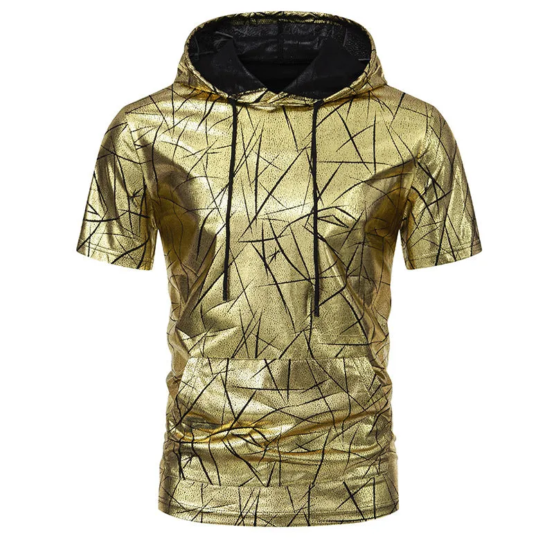 Men Pockets Short Sleeves Glossy Drawstring Hoody T-Shirt