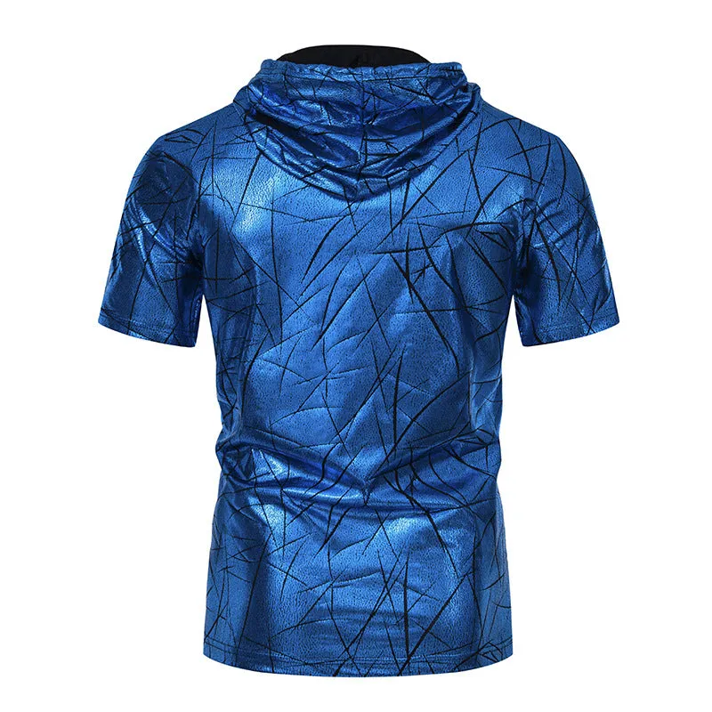 Men Pockets Short Sleeves Glossy Drawstring Hoody T-Shirt