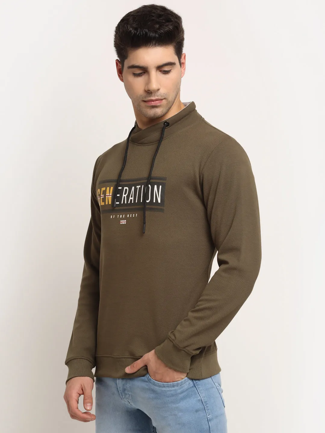 Men Round Neck Full Sleeves Olive Sweatshirt