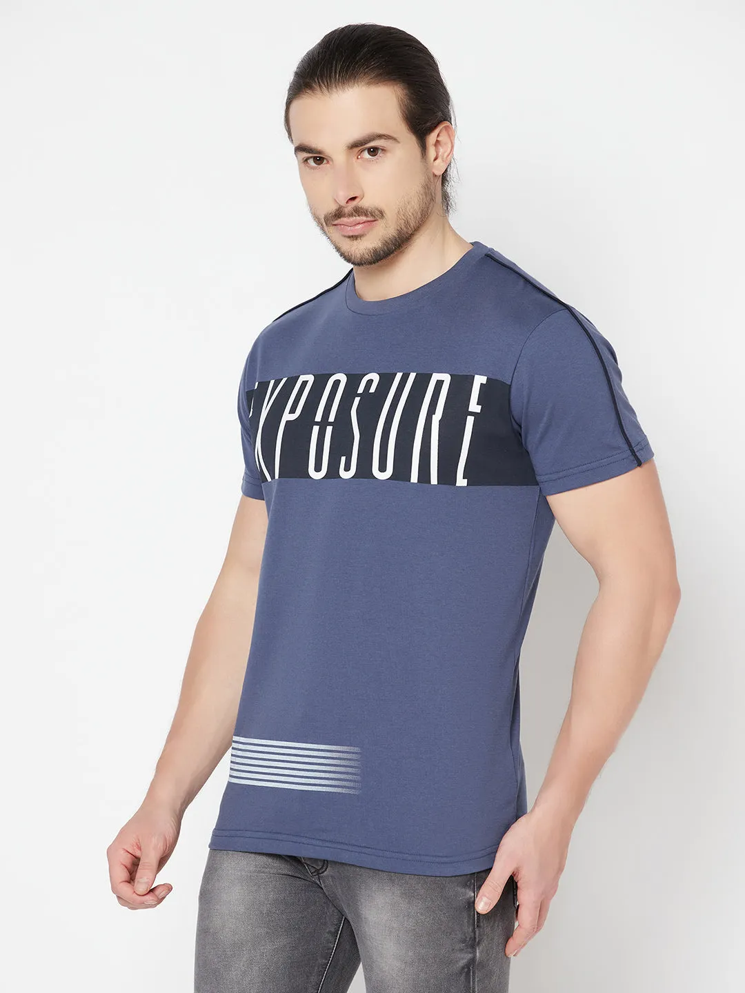 Men's Airforce Blue Round neck Half Sleeve T-Shirt with Print & contrast piping on shoulder