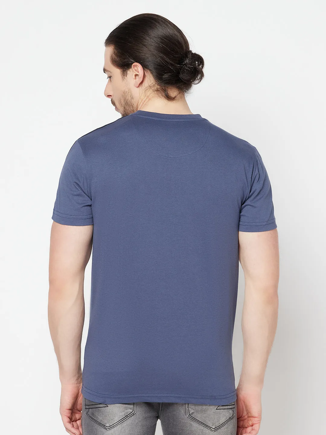 Men's Airforce Blue Round neck Half Sleeve T-Shirt with Print & contrast piping on shoulder