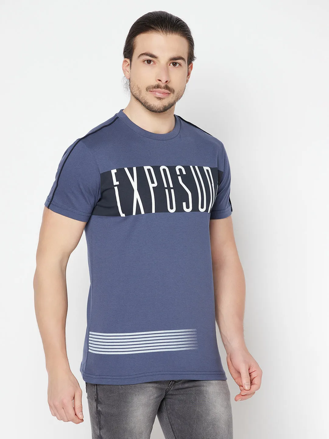 Men's Airforce Blue Round neck Half Sleeve T-Shirt with Print & contrast piping on shoulder