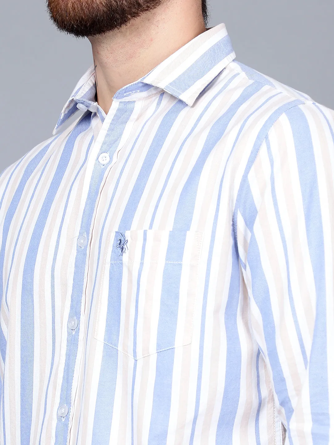 Men's Beige Casual Broad Stripe Full Sleeve Shirt