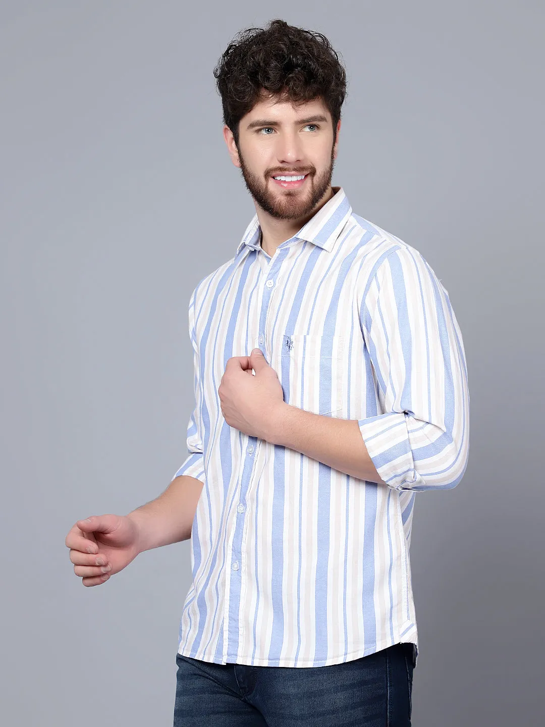 Men's Beige Casual Broad Stripe Full Sleeve Shirt