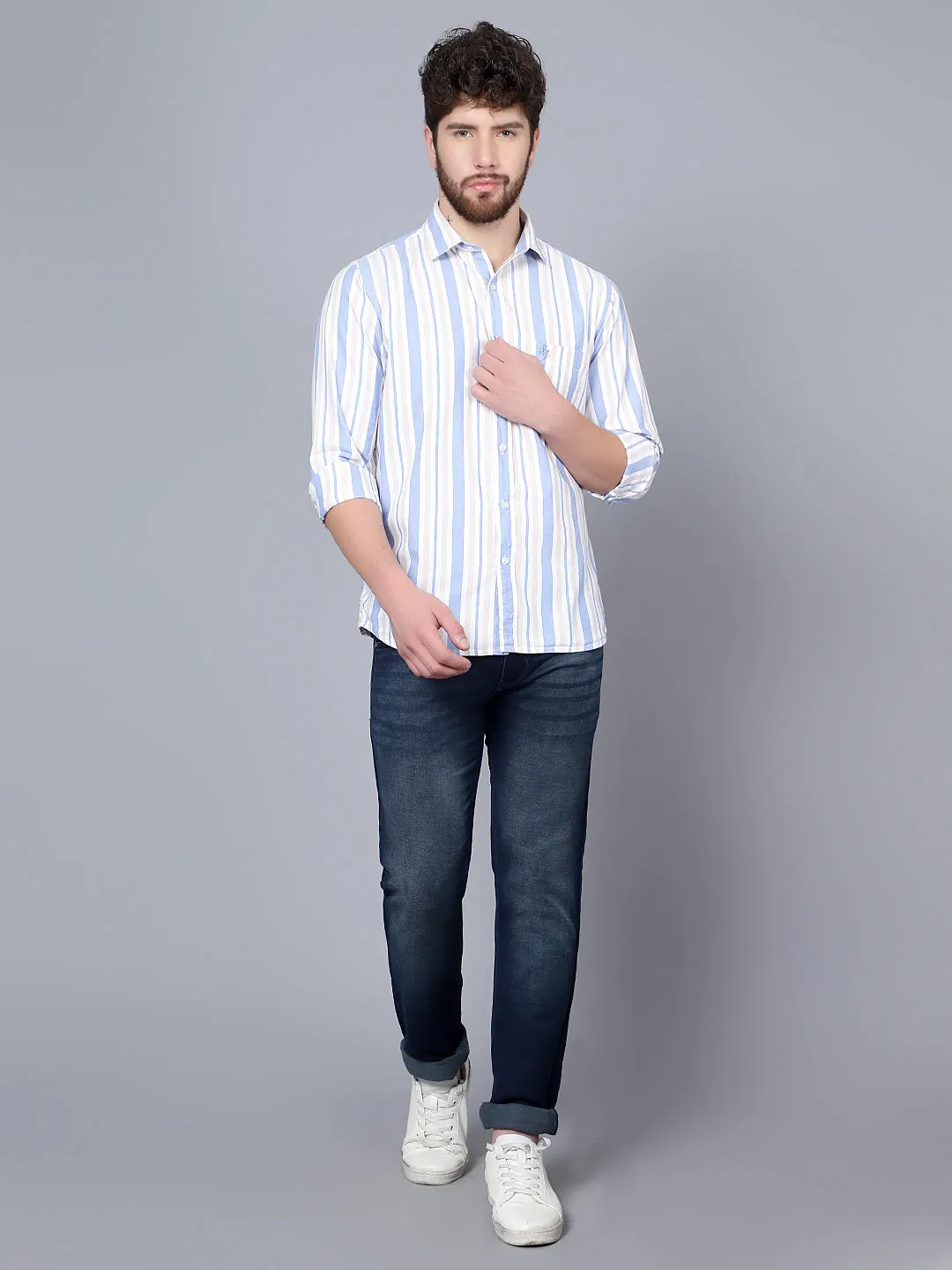 Men's Beige Casual Broad Stripe Full Sleeve Shirt