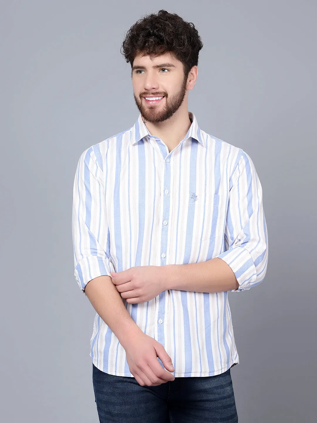 Men's Beige Casual Broad Stripe Full Sleeve Shirt