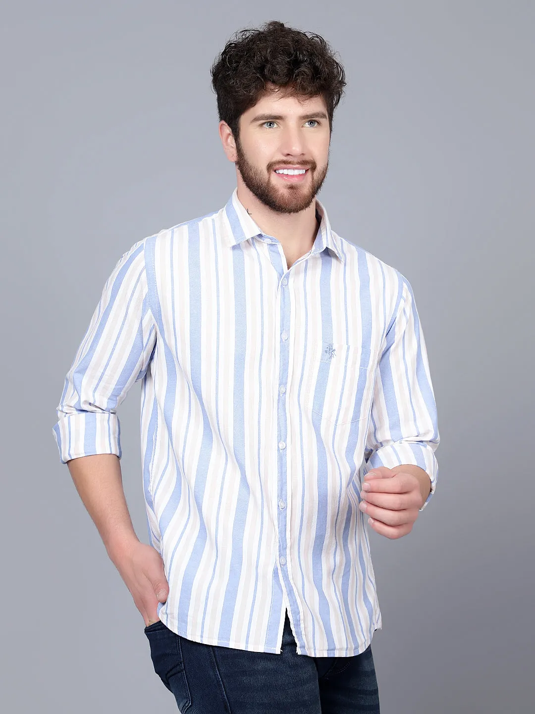 Men's Beige Casual Broad Stripe Full Sleeve Shirt