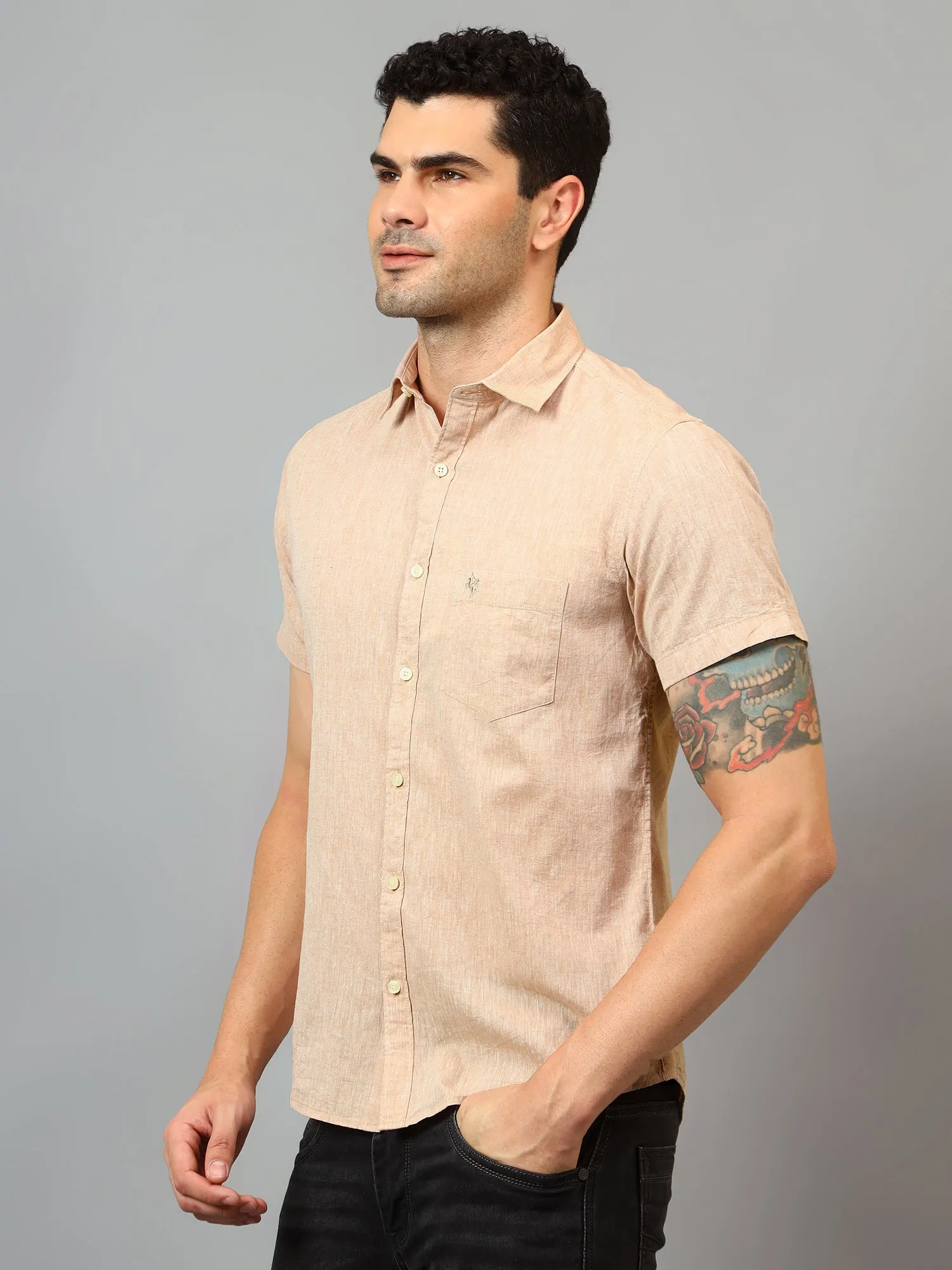 Men's Beige Casual Plain Half sleeve Shirt