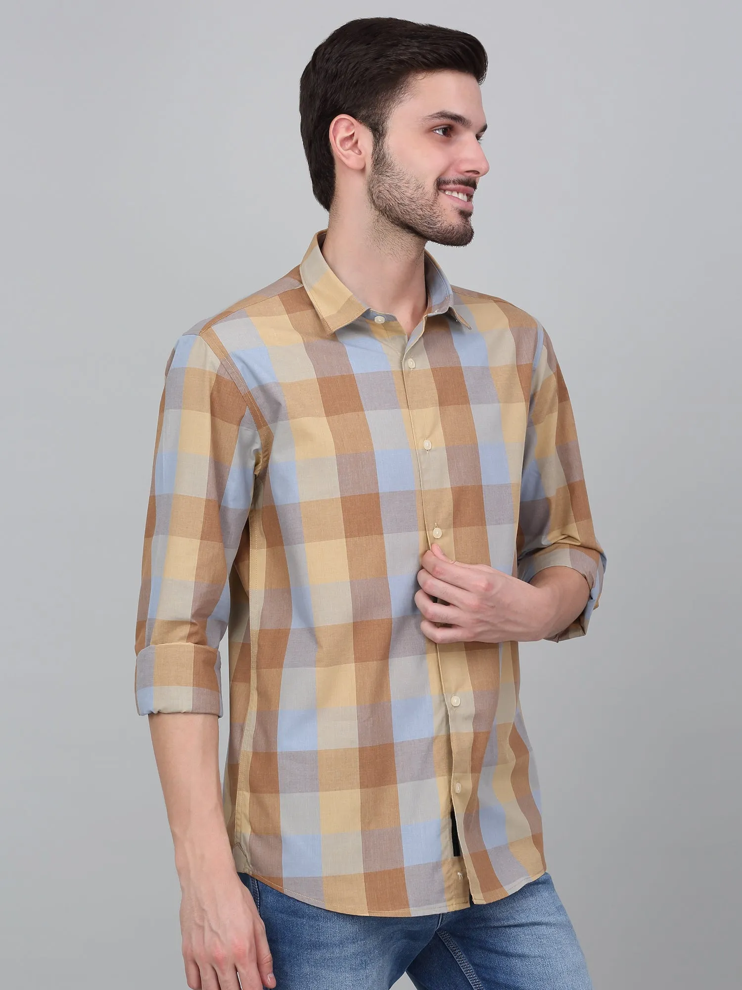 Men's Beige Checkered Full Sleeve Casual Shirt