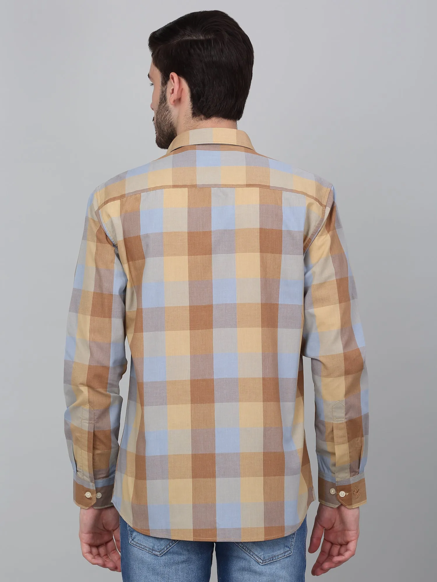 Men's Beige Checkered Full Sleeve Casual Shirt