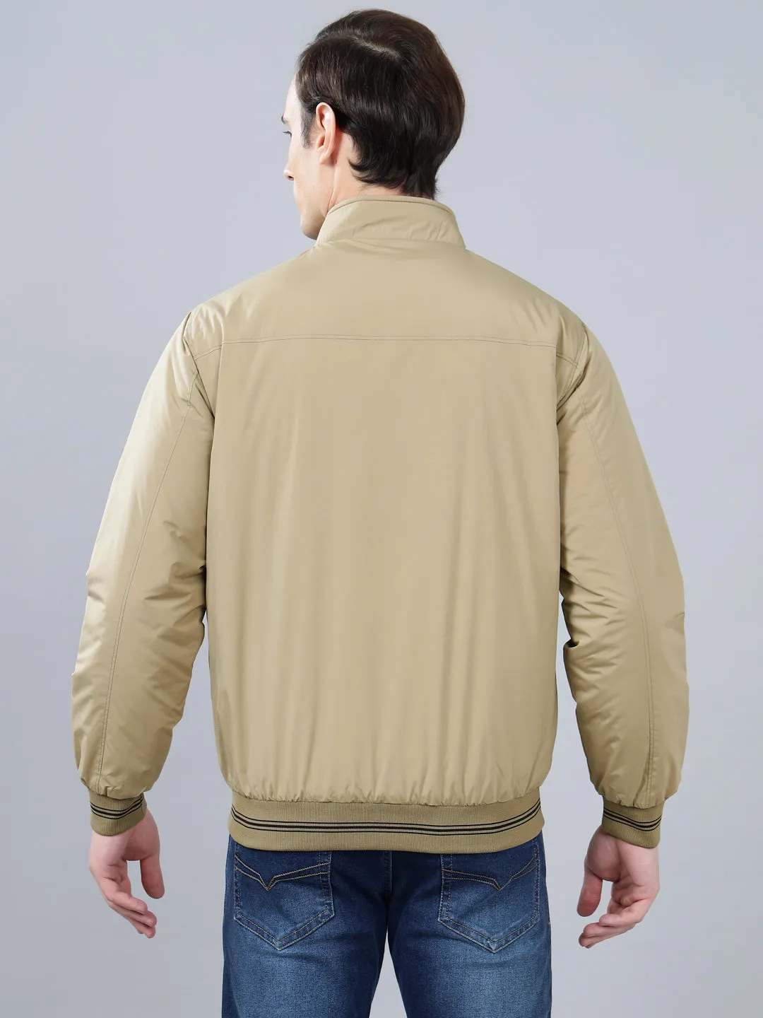 Men's Beige Solid Mock Neck Reversible Winter Jacket