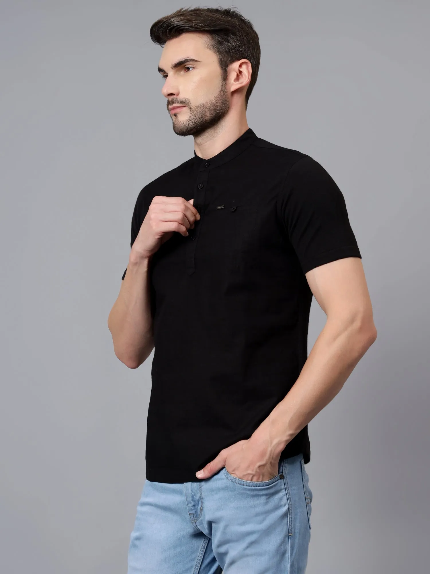 Men's Black Casual Plain Half sleeve Shirt Kurta