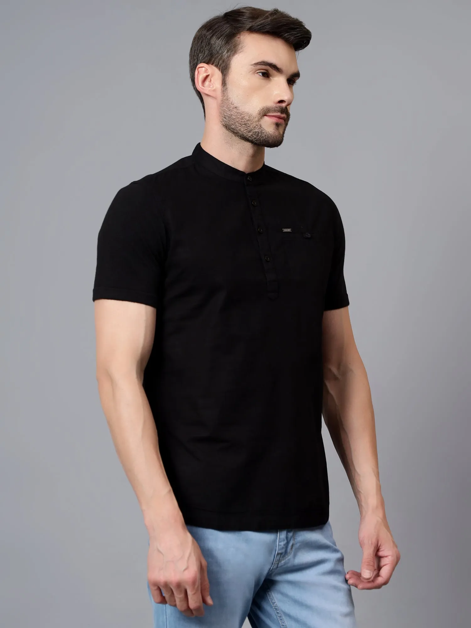 Men's Black Casual Plain Half sleeve Shirt Kurta