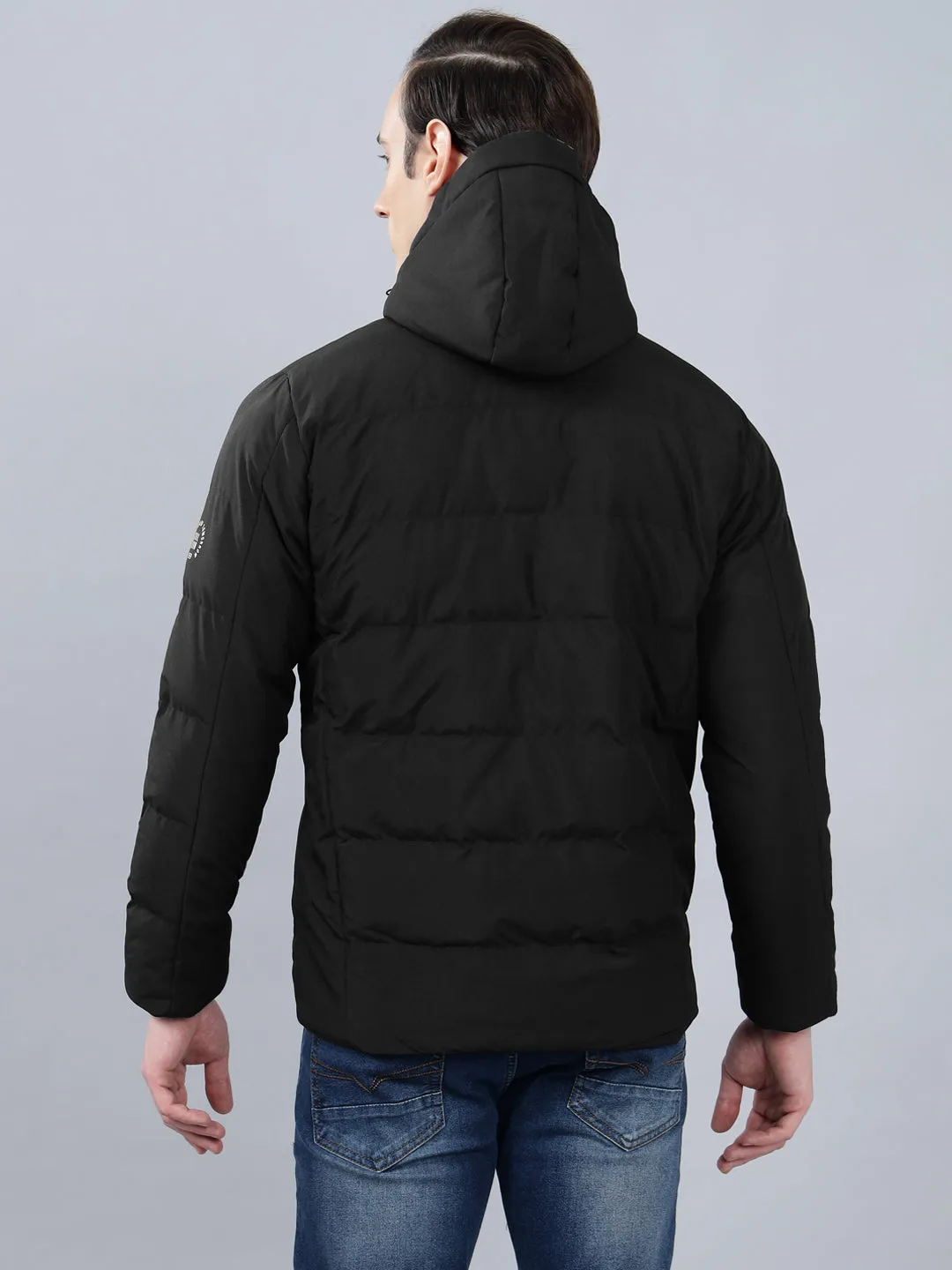 Men's Black Solid Hooded Winter Jacket