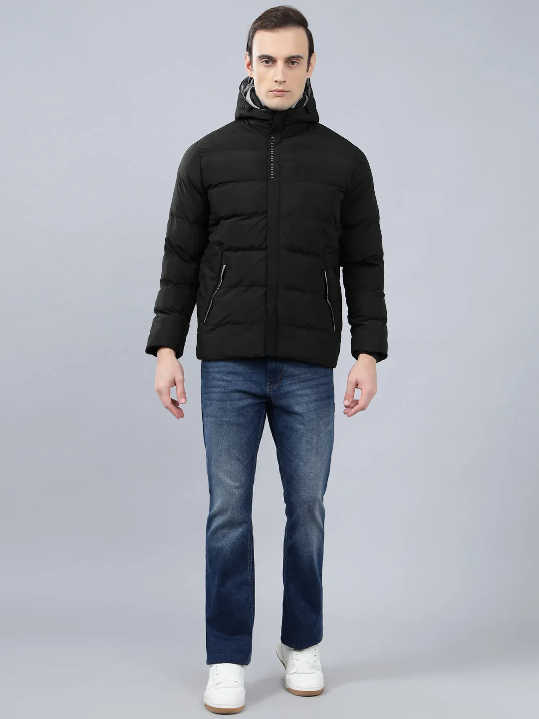 Men's Black Solid Hooded Winter Jacket