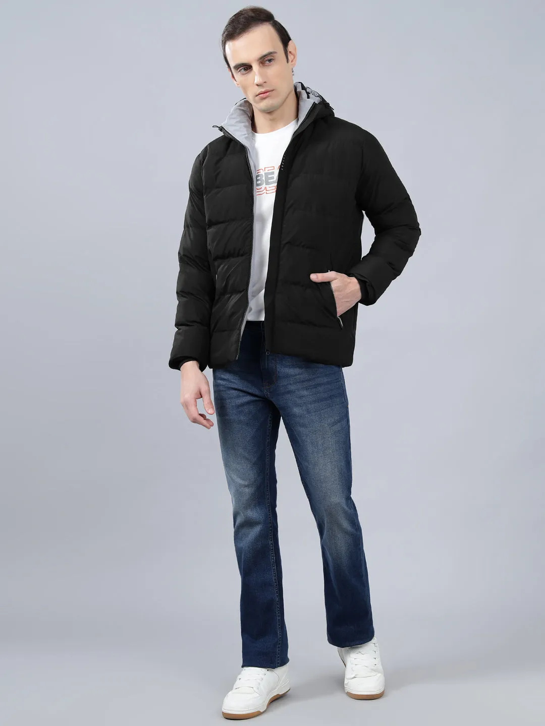 Men's Black Solid Hooded Winter Jacket