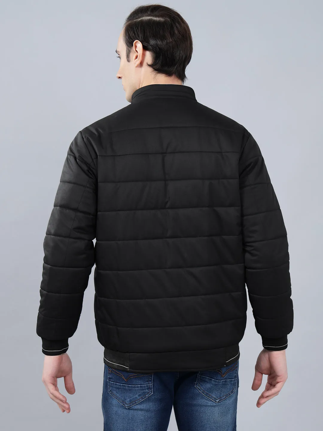 Men's Black Solid Mock Neck Reversible Winter Jacket