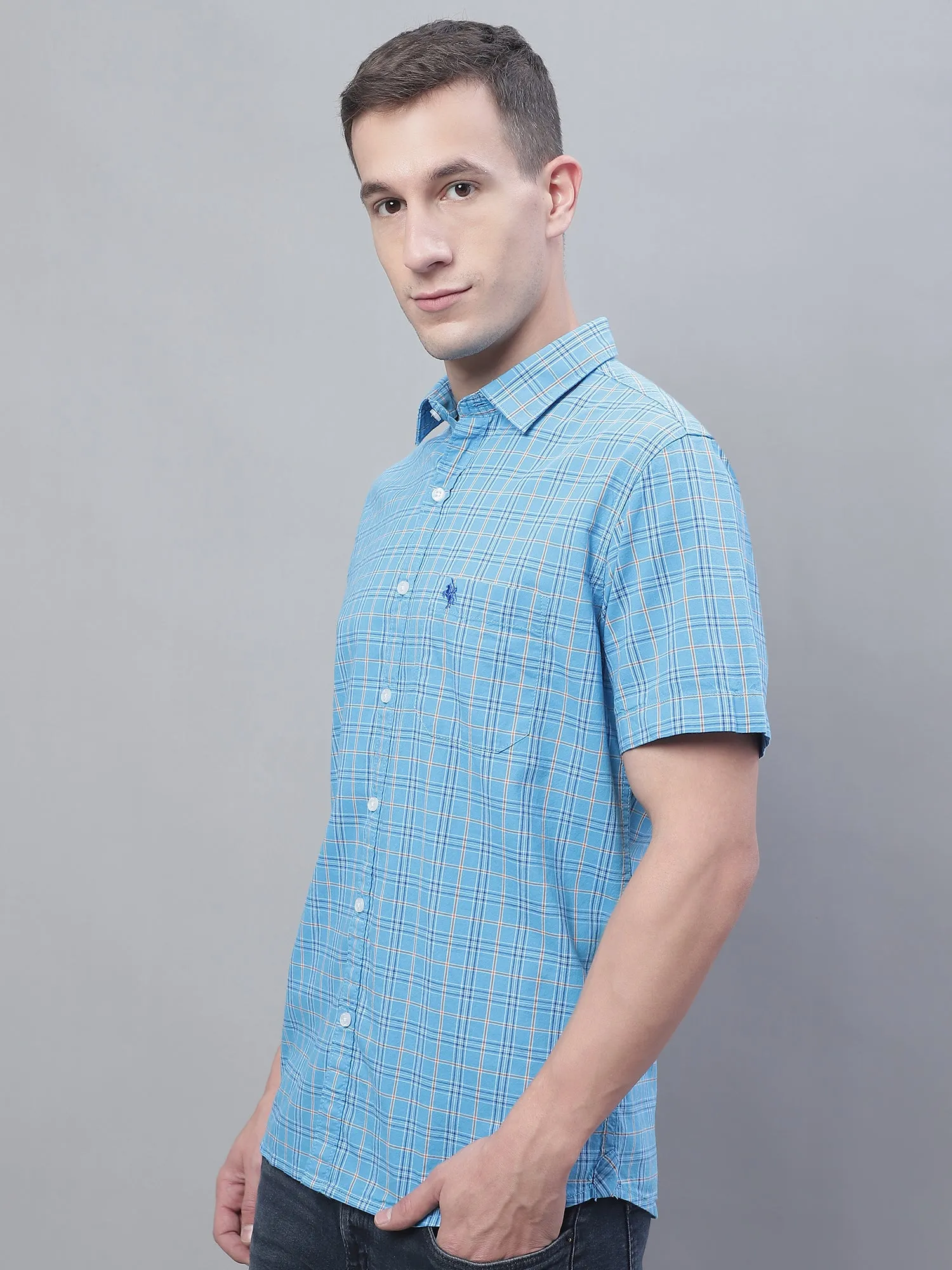 Men's Blue Casual Medium Checks Half Sleeve Shirt