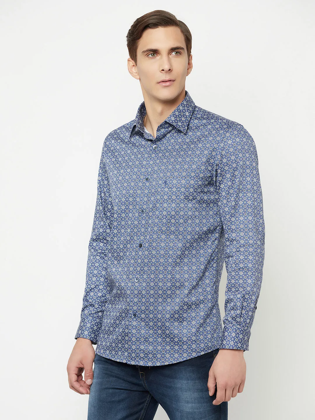 Men's Blue Party Geometric Ditsy Print Full Sleeve Shirt