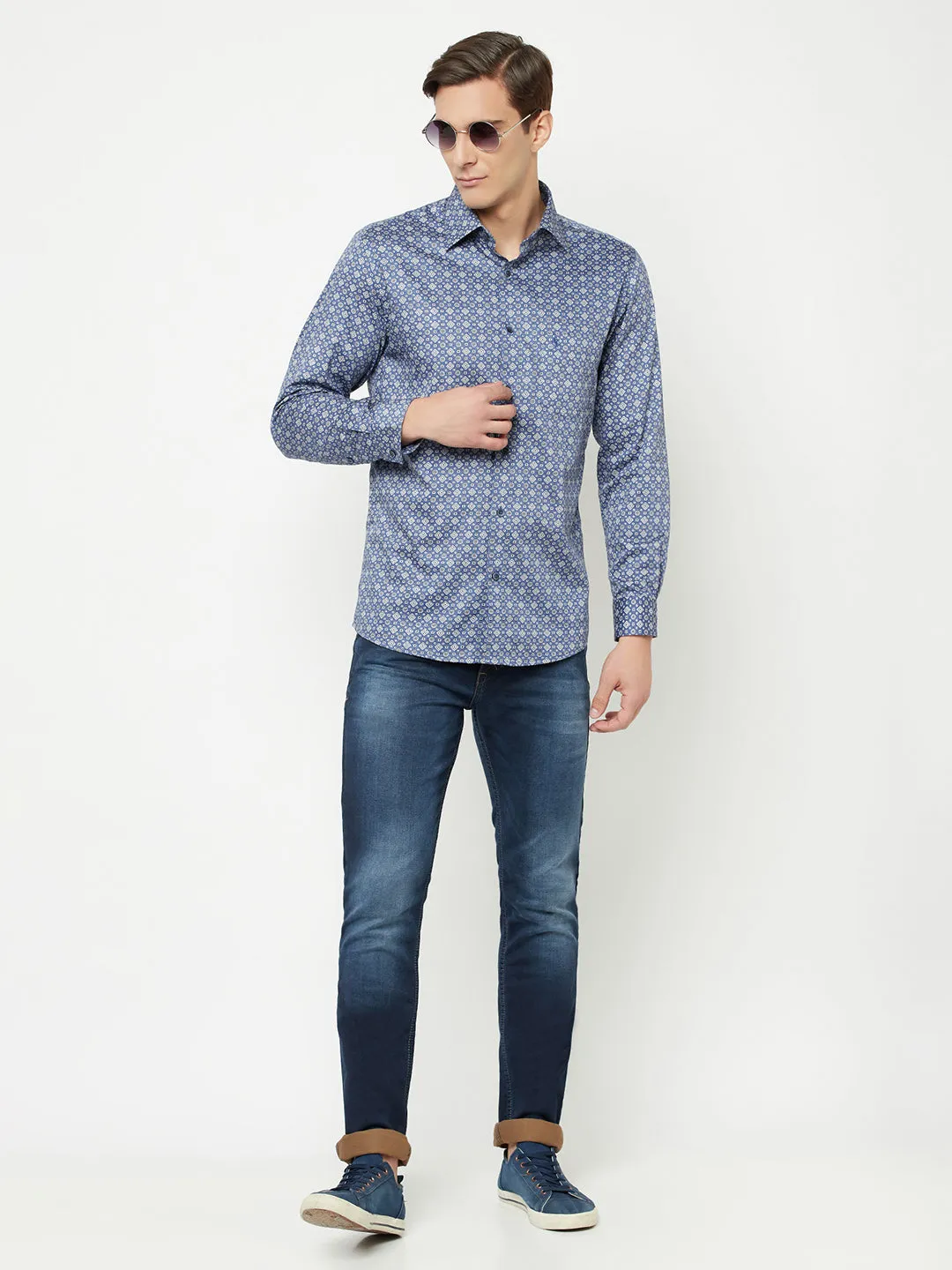 Men's Blue Party Geometric Ditsy Print Full Sleeve Shirt