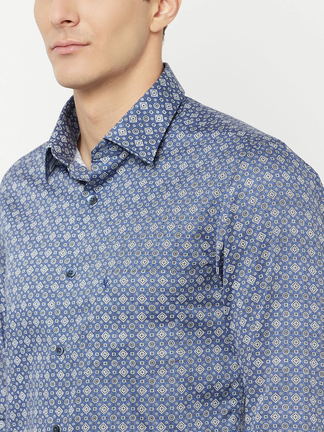 Men's Blue Party Geometric Ditsy Print Full Sleeve Shirt