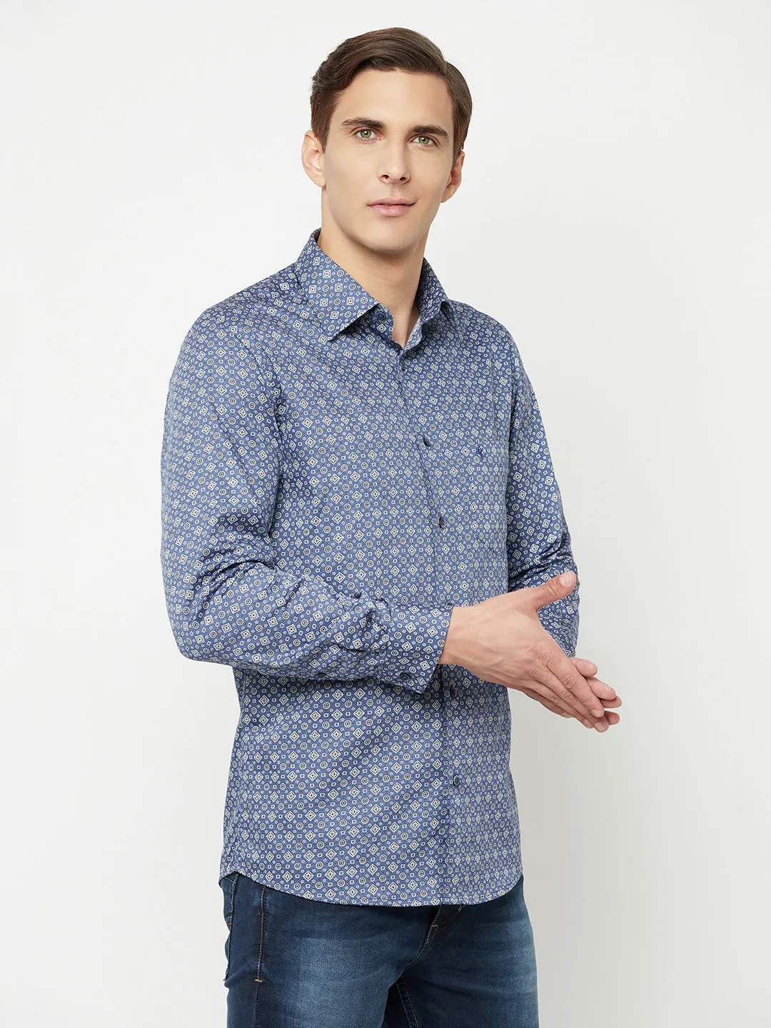 Men's Blue Party Geometric Ditsy Print Full Sleeve Shirt