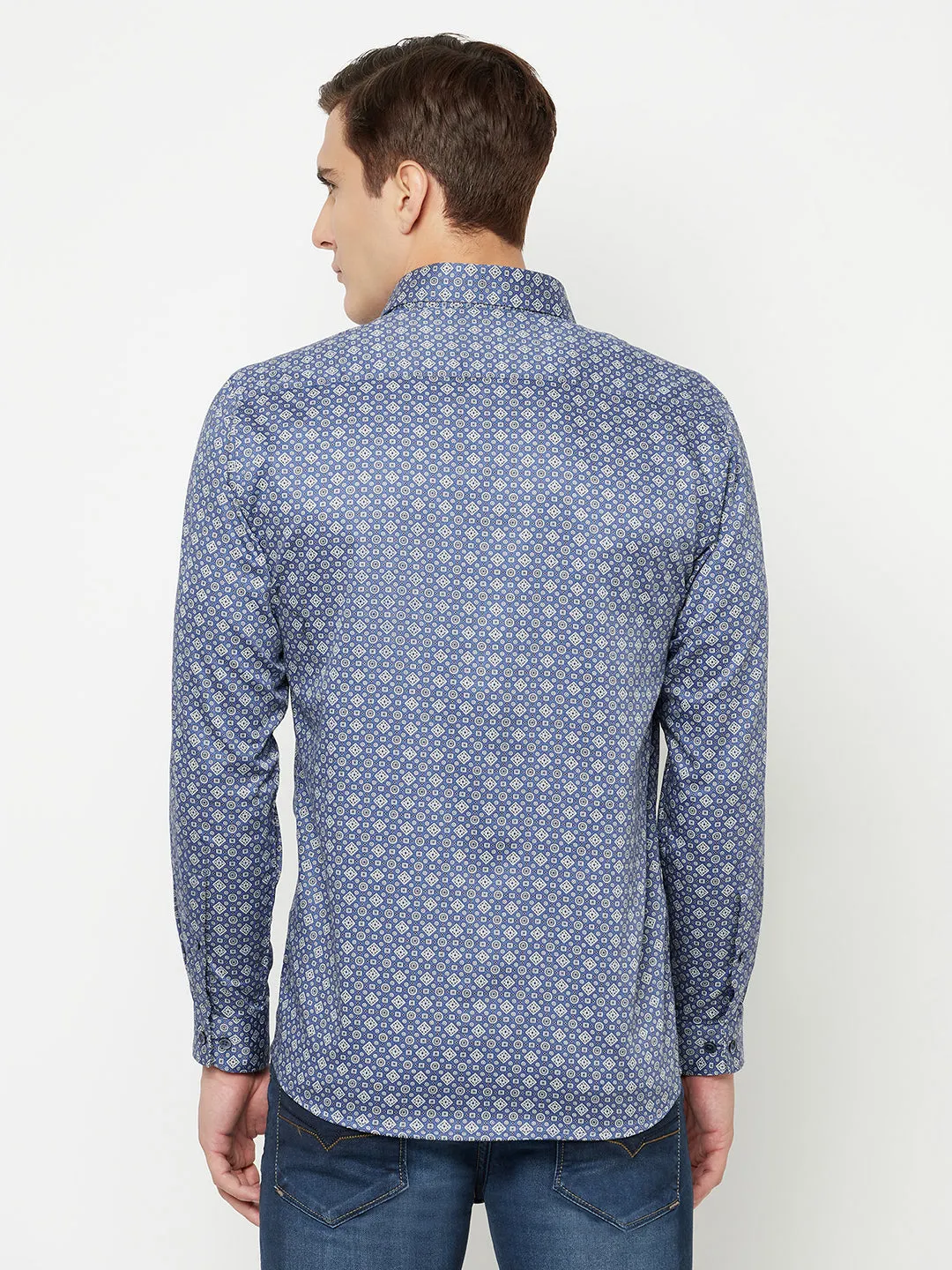 Men's Blue Party Geometric Ditsy Print Full Sleeve Shirt