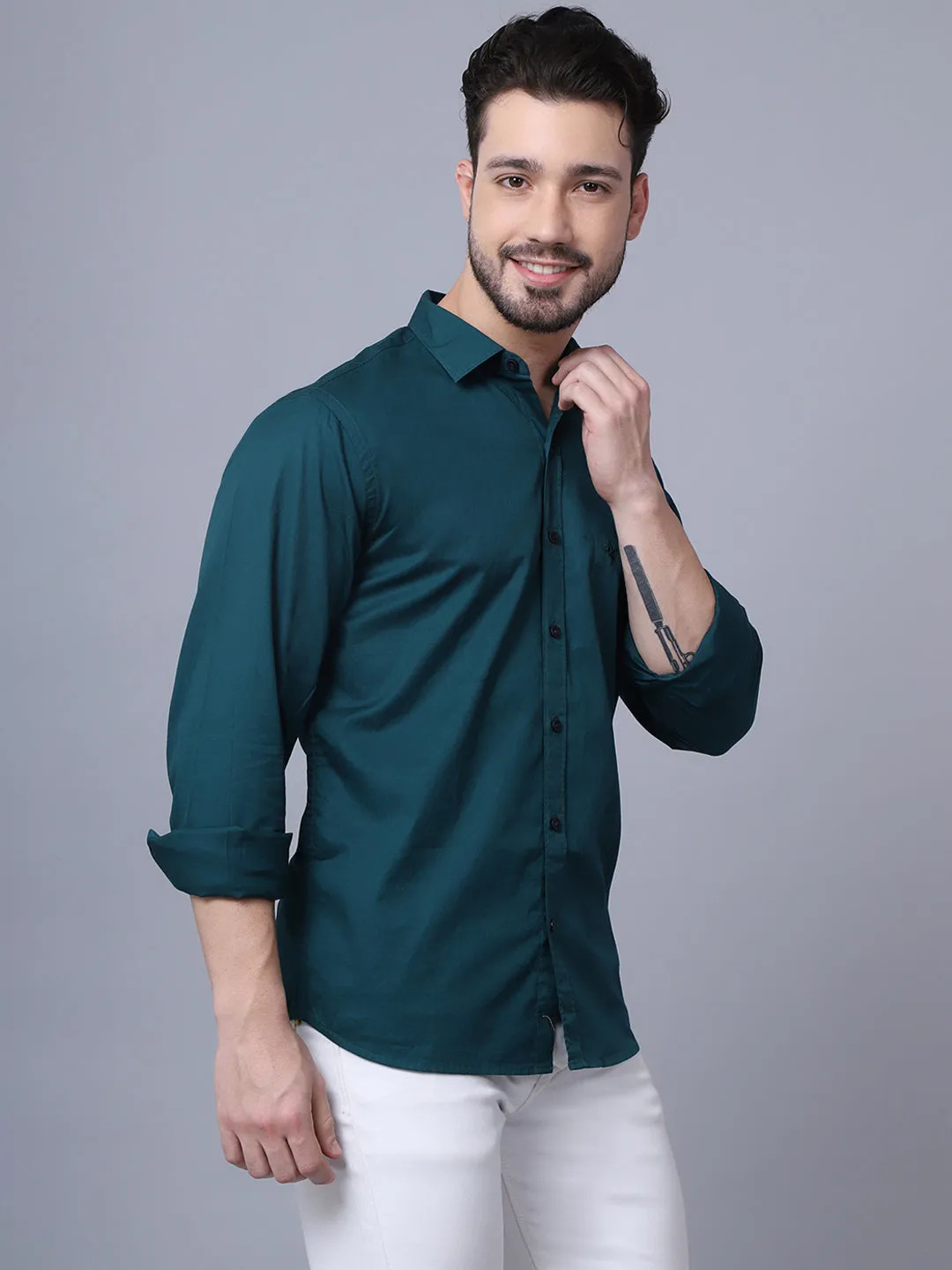 Men's Bottle Green Casual Plain Full Sleeve Shirt