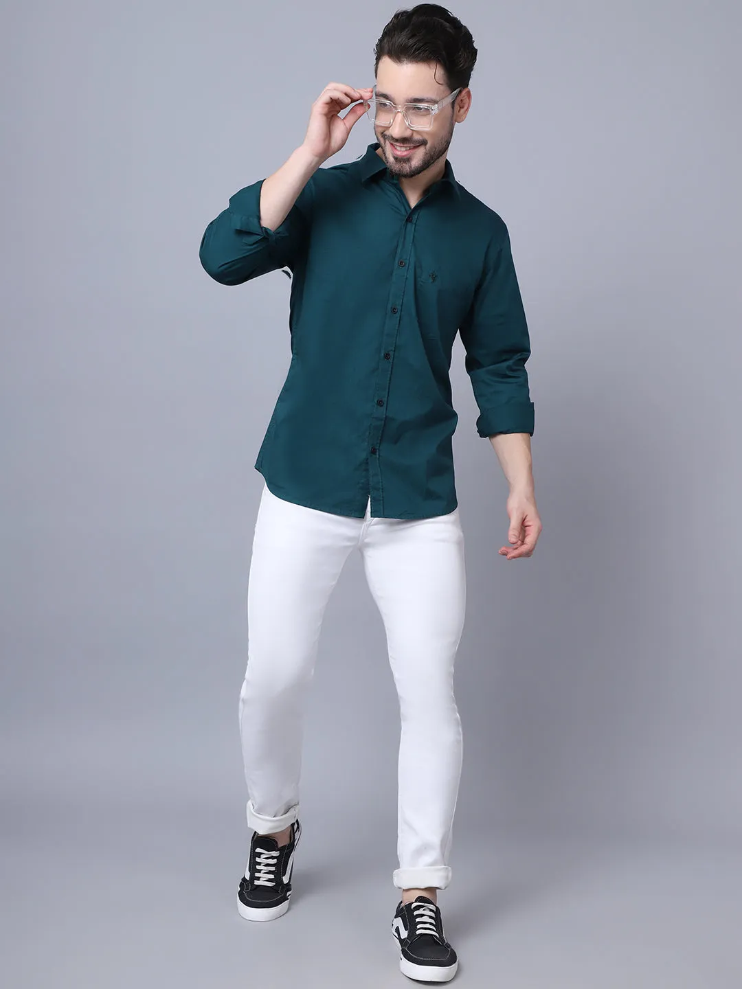 Men's Bottle Green Casual Plain Full Sleeve Shirt