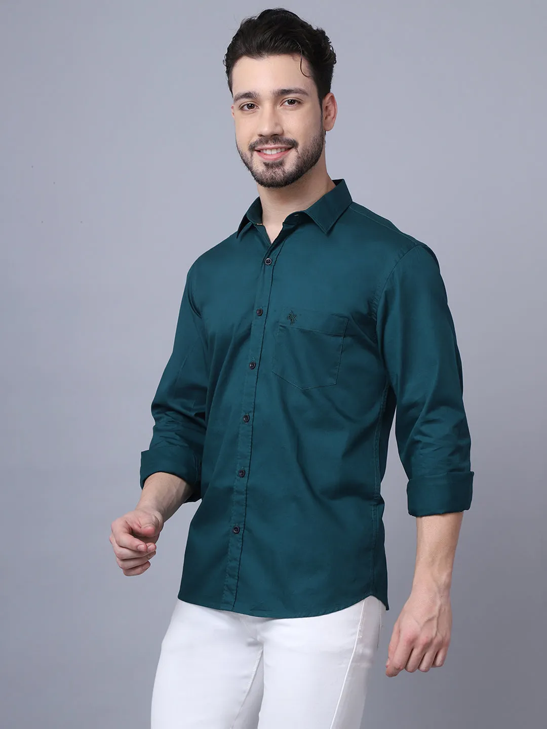 Men's Bottle Green Casual Plain Full Sleeve Shirt