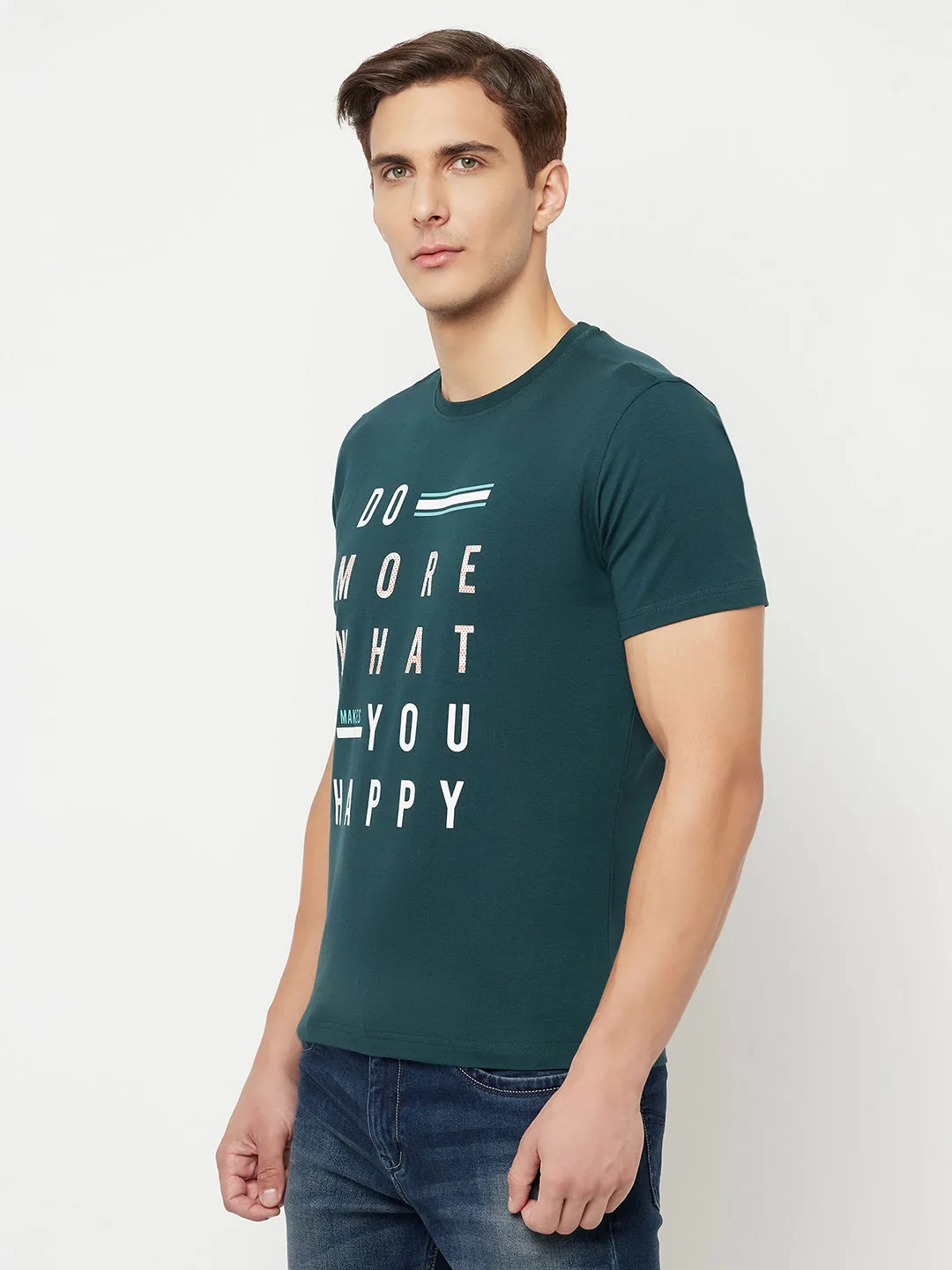 Men's Bottle Green Round neck Half Sleeve T-Shirt with Typographic print