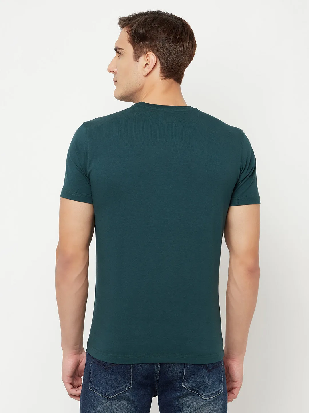 Men's Bottle Green Round neck Half Sleeve T-Shirt with Typographic print